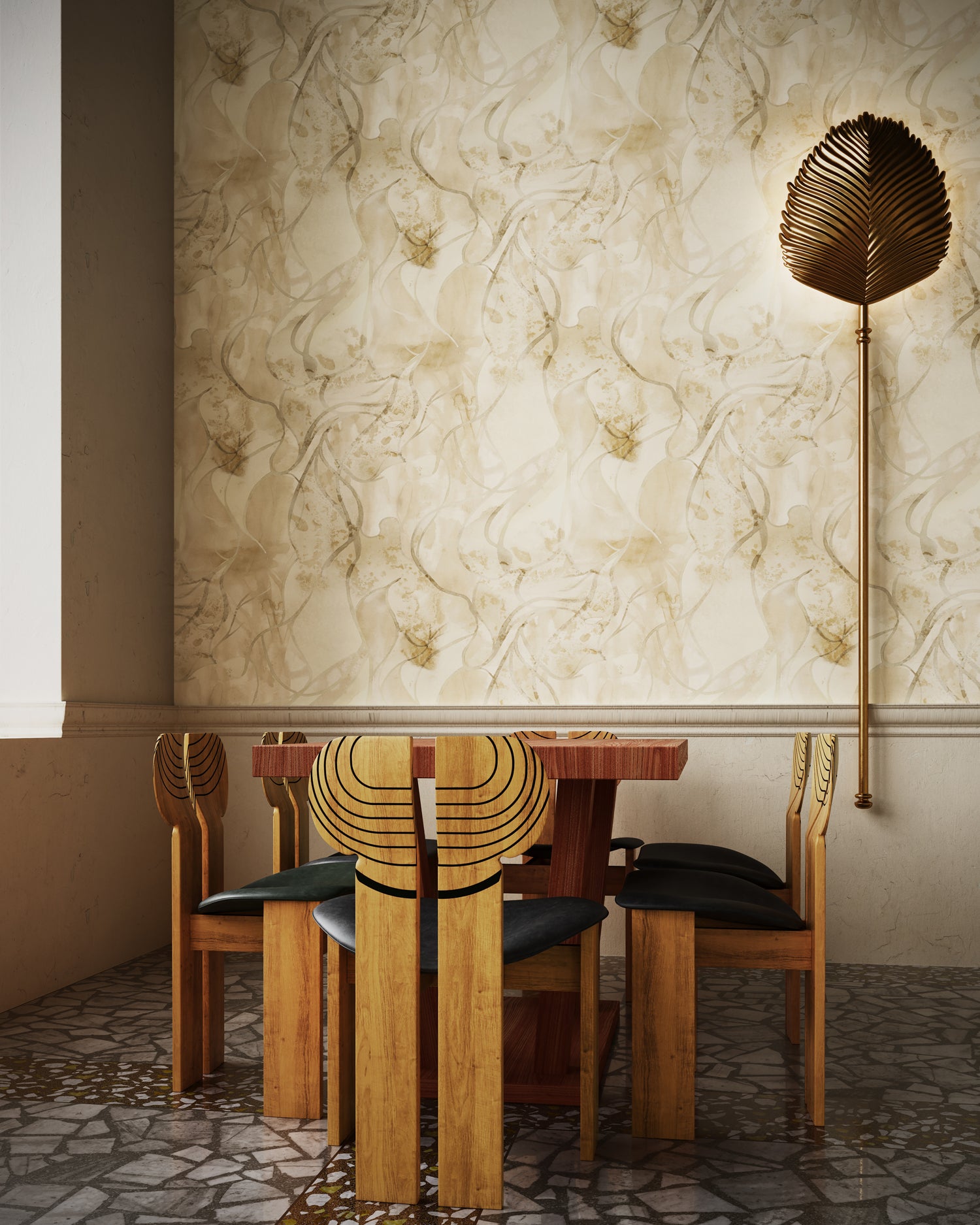 Sculptural wooden table and chairs against wallpaper in abstract floral bushstroke design in warm beige. 