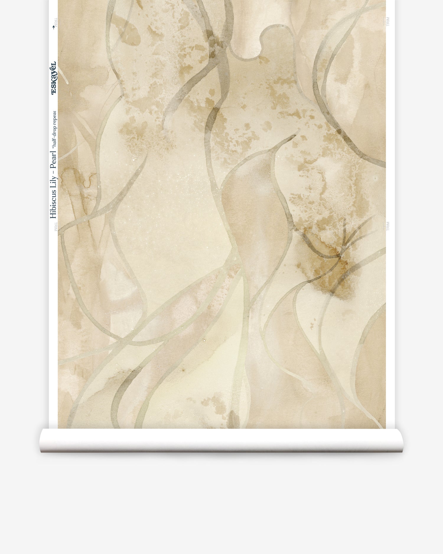 Wallpaper roll in abstract floral bushstroke design in warm beige. 