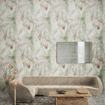 Modernist living room scene with low couch, marble coffee table and mirror against abstract floral wallpaper. 