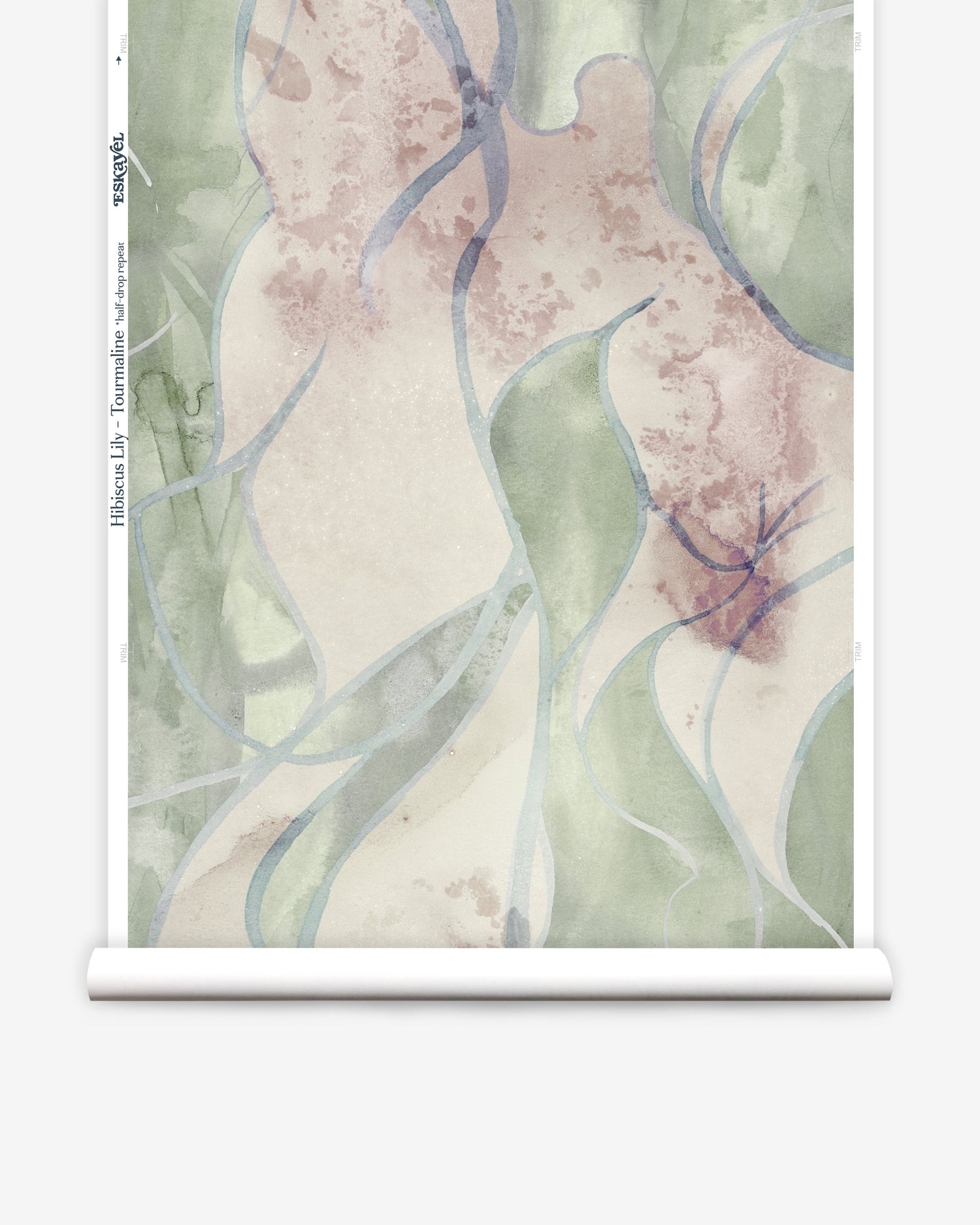 Wallpaper roll in abstract floral bushstroke design in sage green, lilac and blue. 