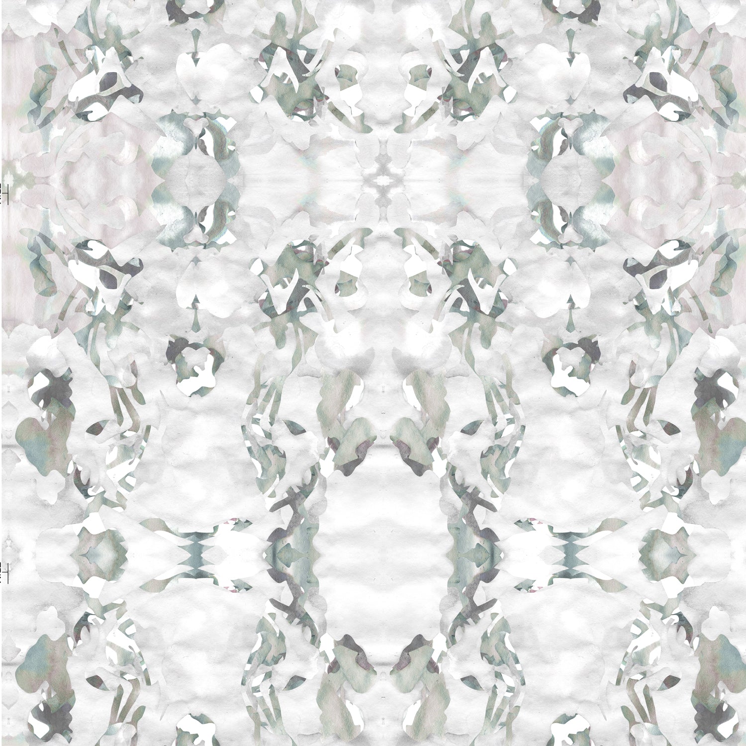 Detail of wallpaper in a watercolor paint blotch print in gray and turquoise on a white field.