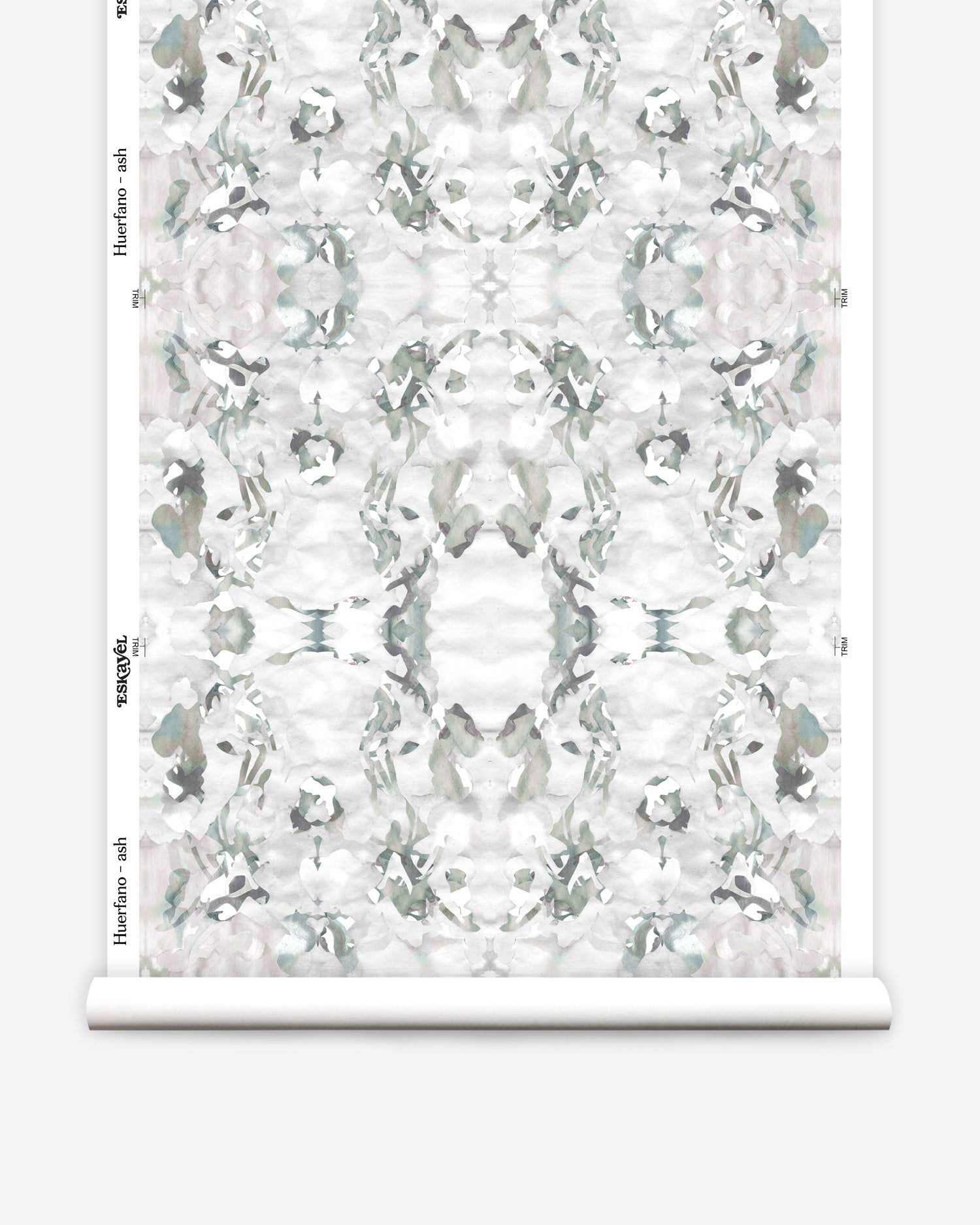 Wallpaper roll in a watercolor paint blotch print in gray and turquoise on a white field.