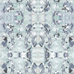 Detail of wallpaper in a watercolor paint blotch print in blue, gray and purple on a white field.