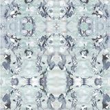 Detail of wallpaper in a watercolor paint blotch print in blue, gray and purple on a white field.