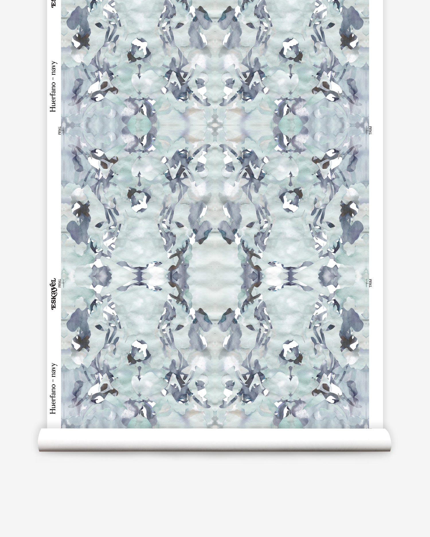 Wallpaper roll in a watercolor paint blotch print in blue, gray and purple on a white field.