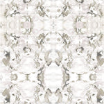 Detail of wallpaper in a watercolor paint blotch print in purple and gray on a white field.