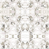 Detail of wallpaper in a watercolor paint blotch print in purple and gray on a white field.