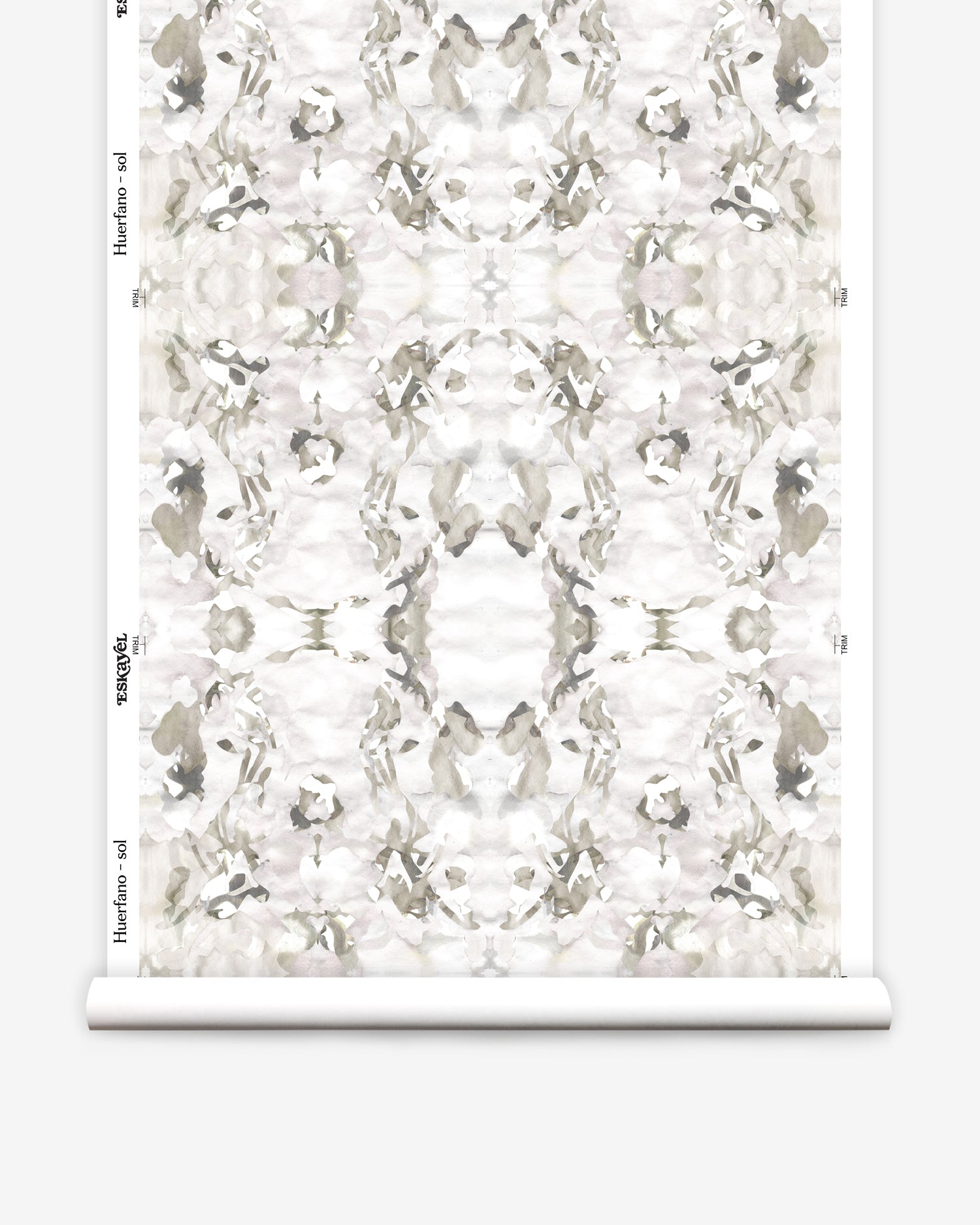 Wallpaper roll in a watercolor paint blotch print in purple and gray on a white field.