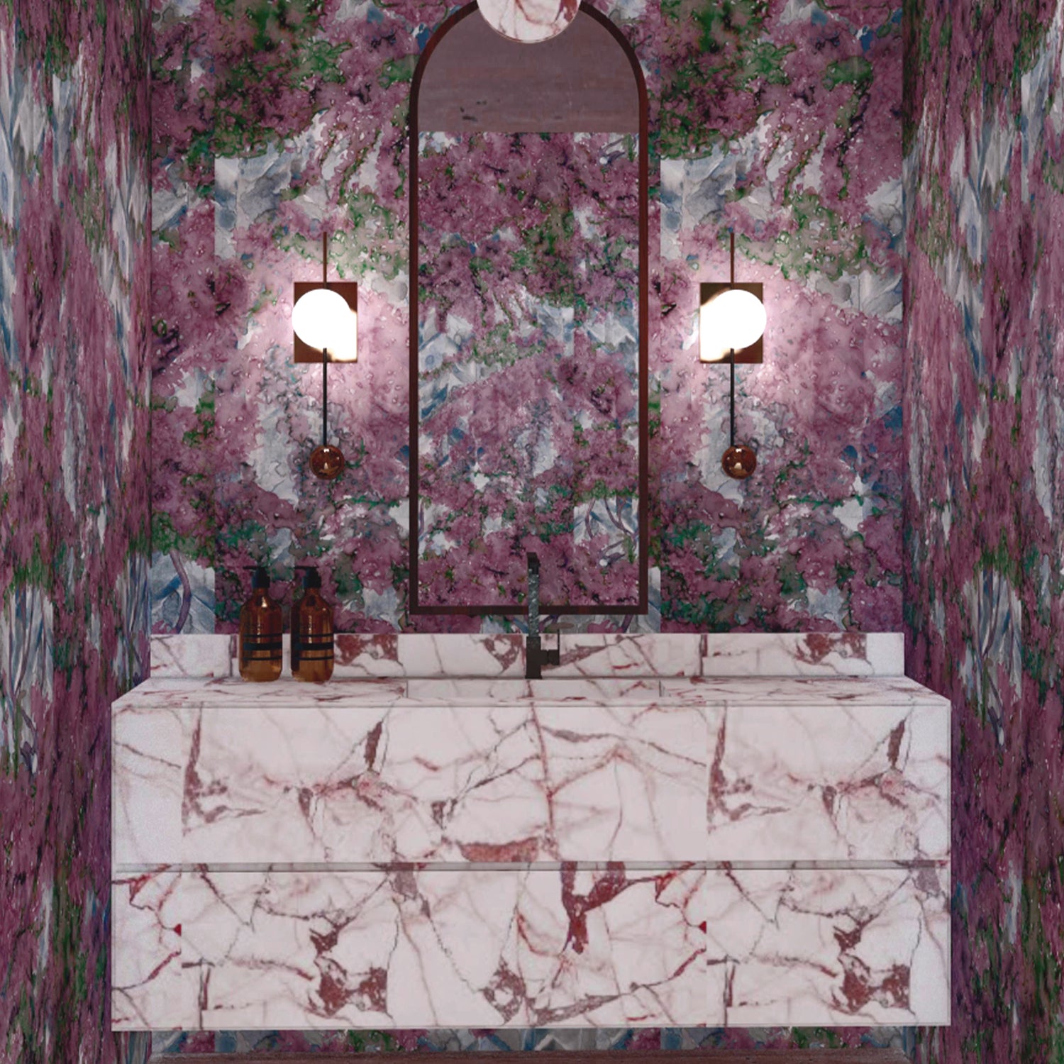 Powder room with marble vanity wallpapered in a painterly tree print in purple, green and brown.