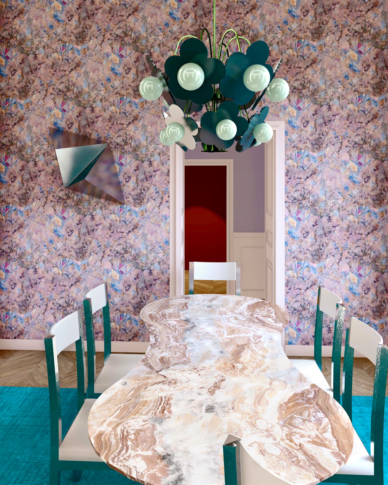 Dining room with sculptural table, chairs and light fixture wallpapered in a painterly tree print in pink, orange, gray and blue.
