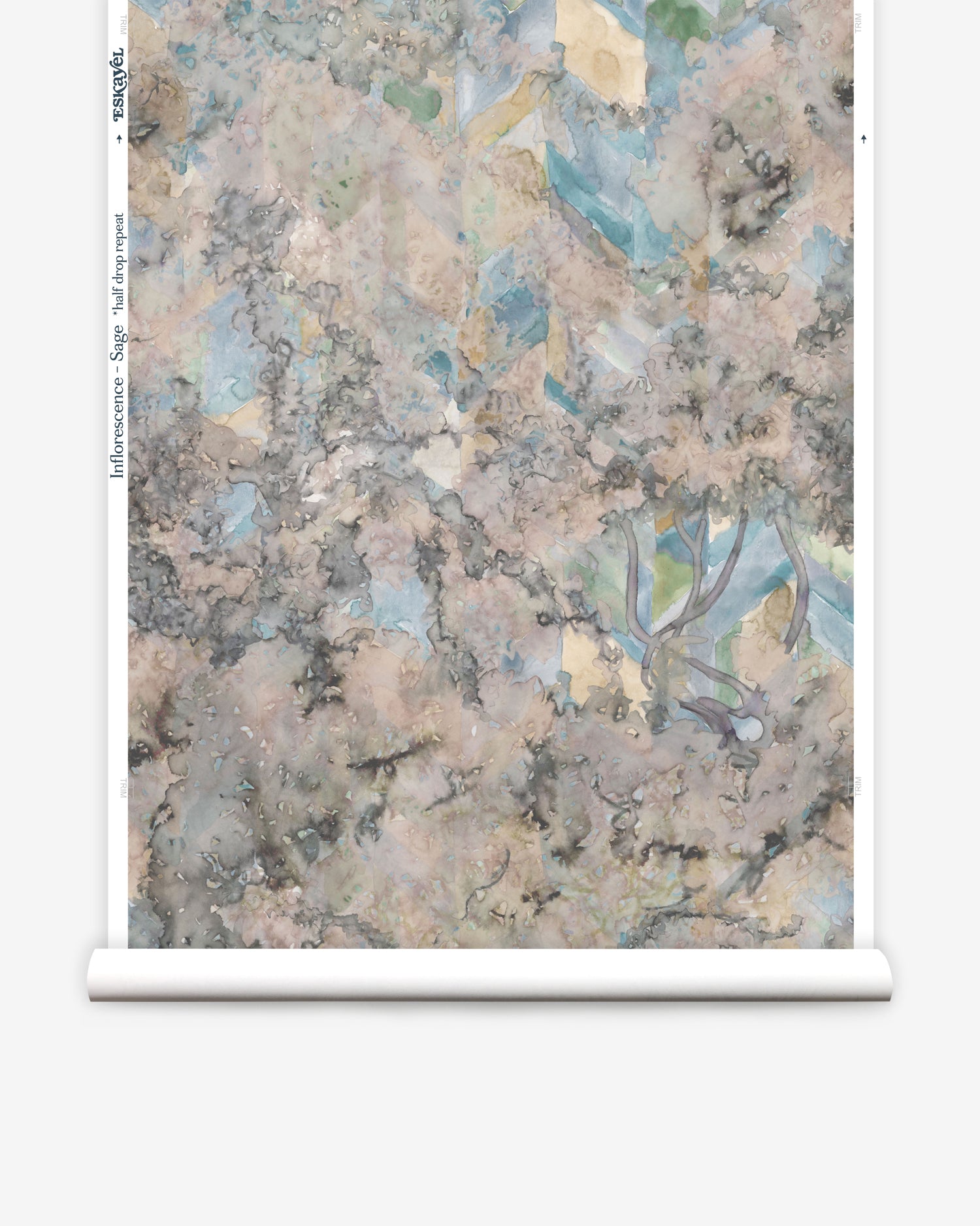 Wallpapper roll in a painterly tree print in cream, gray and turquoise.