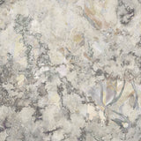 Detail of wallpaper in a painterly tree print in gray, brown and purple.