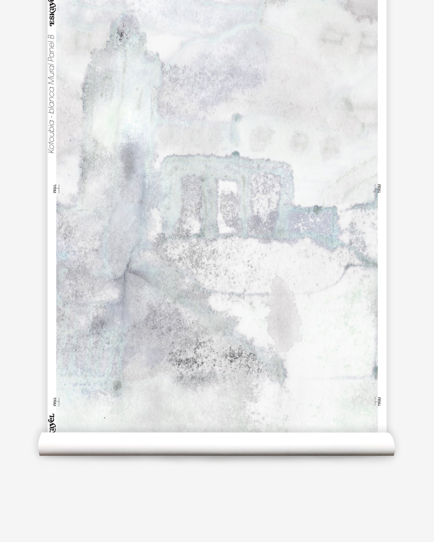 Wallpaper roll mural in a minimal splatter print in shades of gray on a cream field.