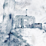 Detail of wallpaper mural in a minimal splatter print in shadess of black and blue on a cream field.