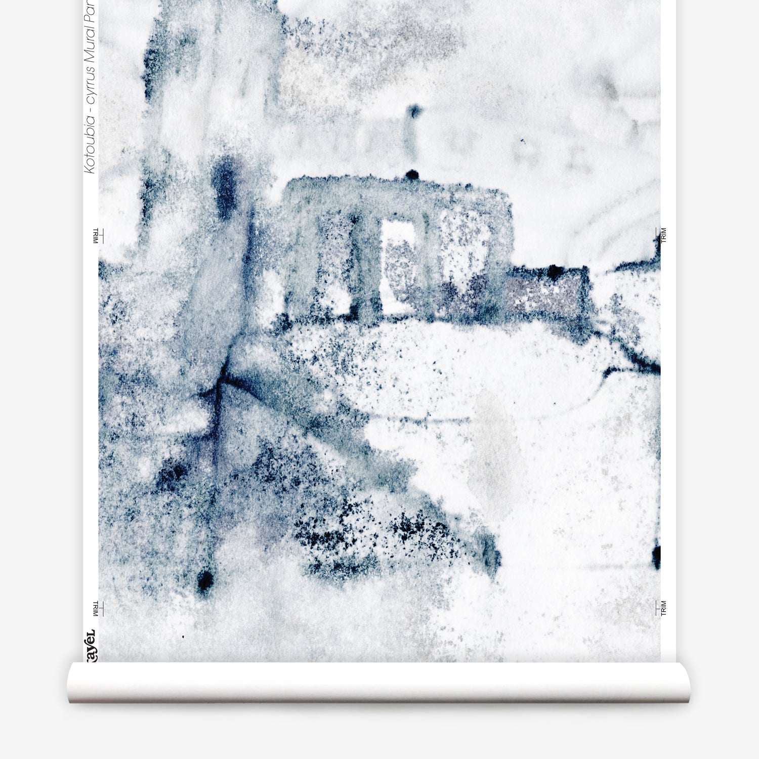 Wallpaper roll mural in a minimal splatter print in shadess of black and blue on a cream field.