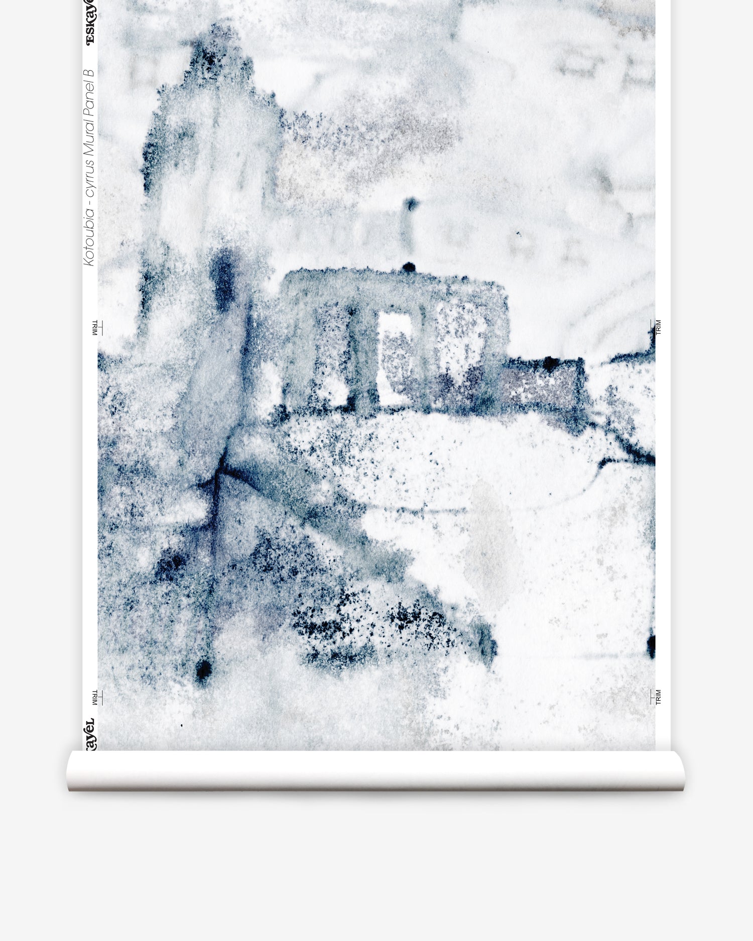 Wallpaper roll mural in a minimal splatter print in shadess of black and blue on a cream field.