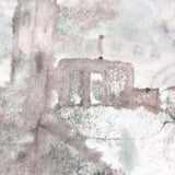 Detail of wallpaper mural in a minimal splatter print in shades of gray and pink on a cream field.