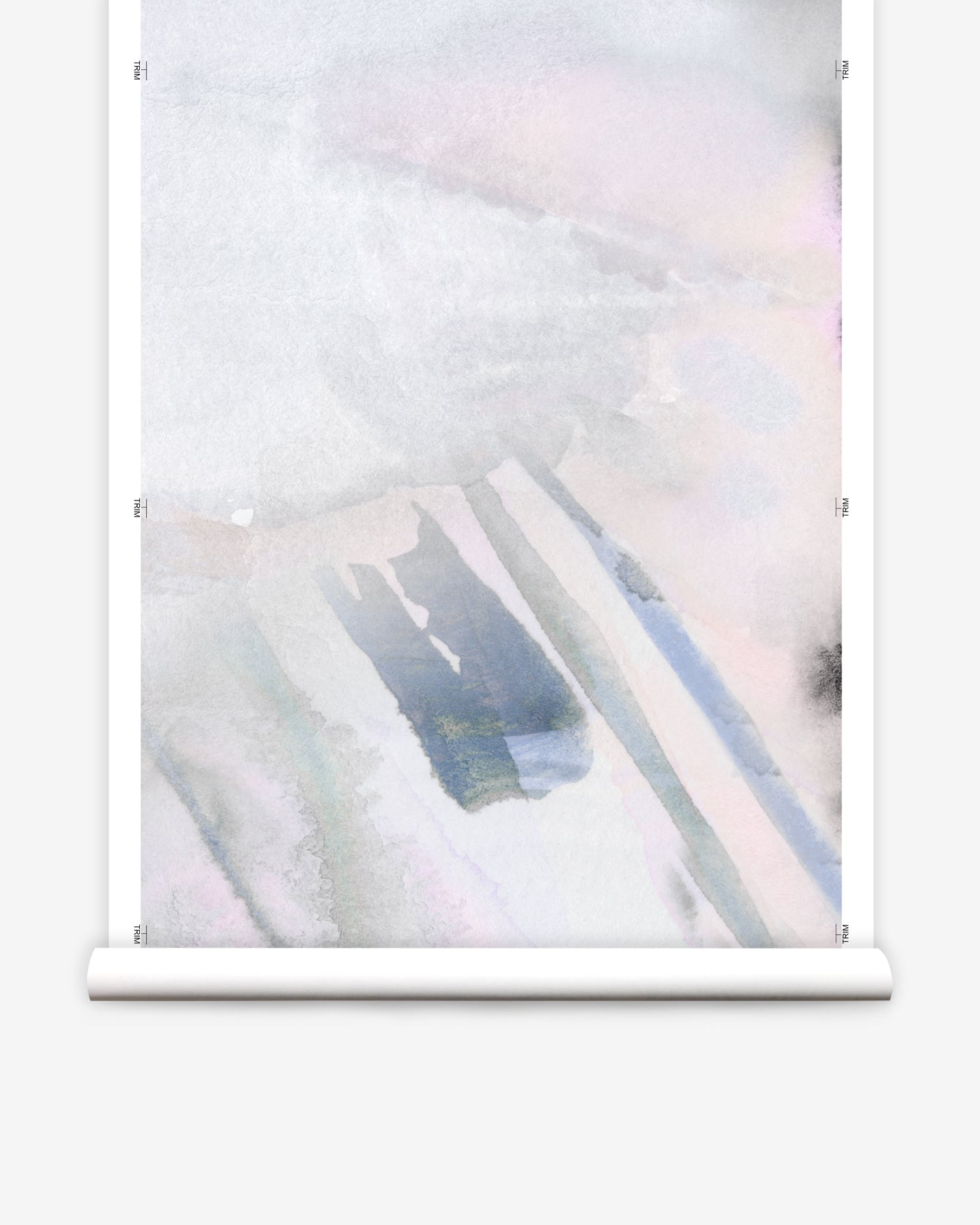 Wallpaper roll in an ombré watercolor print in shades of pink, gray and purple on a cream field.