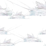 Wallpaper detail in a watercolor splatter print in pastel purple and gray on a cream field.