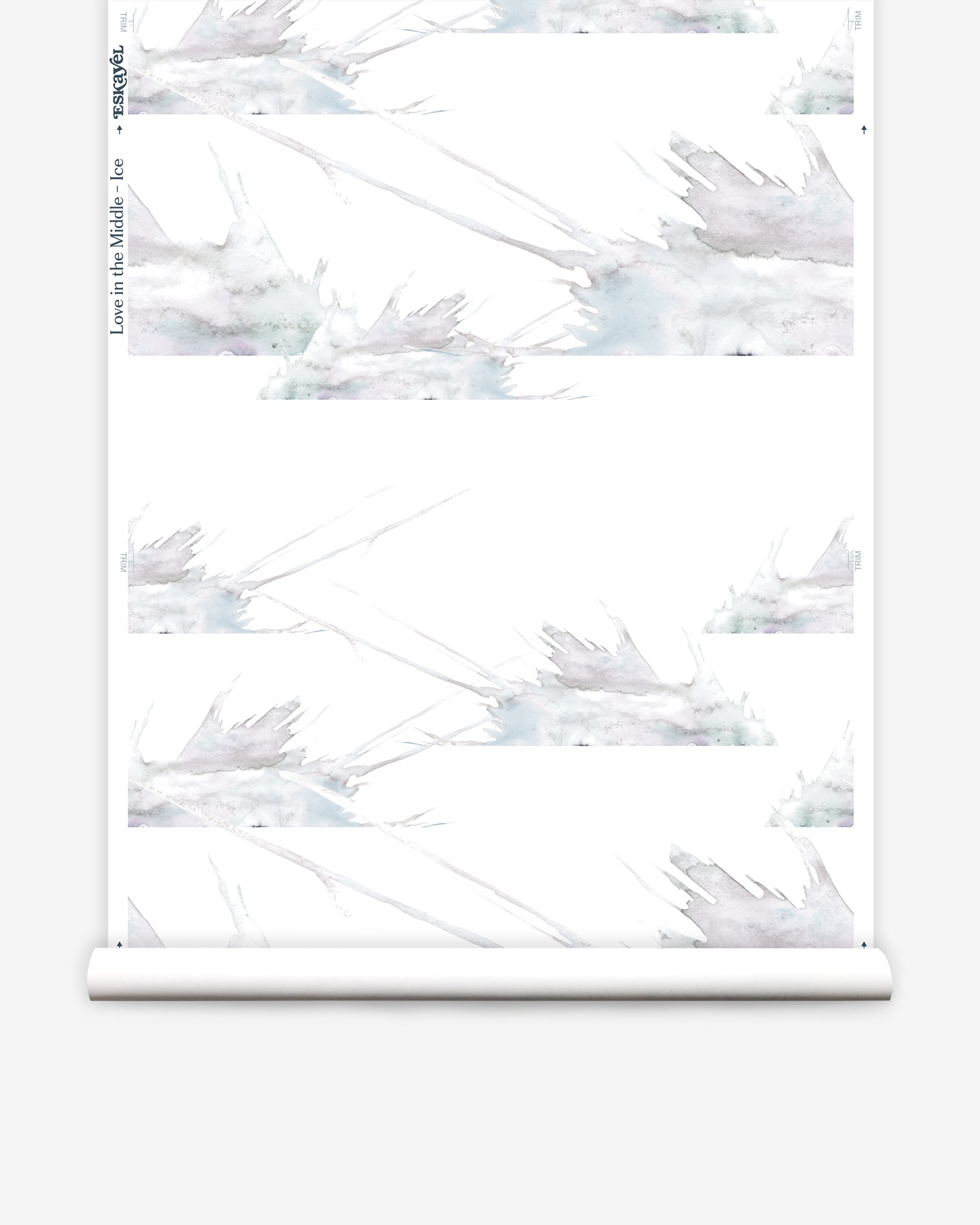 Wallpaper roll in a watercolor splatter print in pastel purple and gray on a cream field.