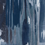 Wallpaper mural detail in a watercolor paint print in shades of black, purple and blue on a gray field.