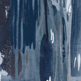 Wallpaper mural detail in a watercolor paint print in shades of black, purple and blue on a gray field.