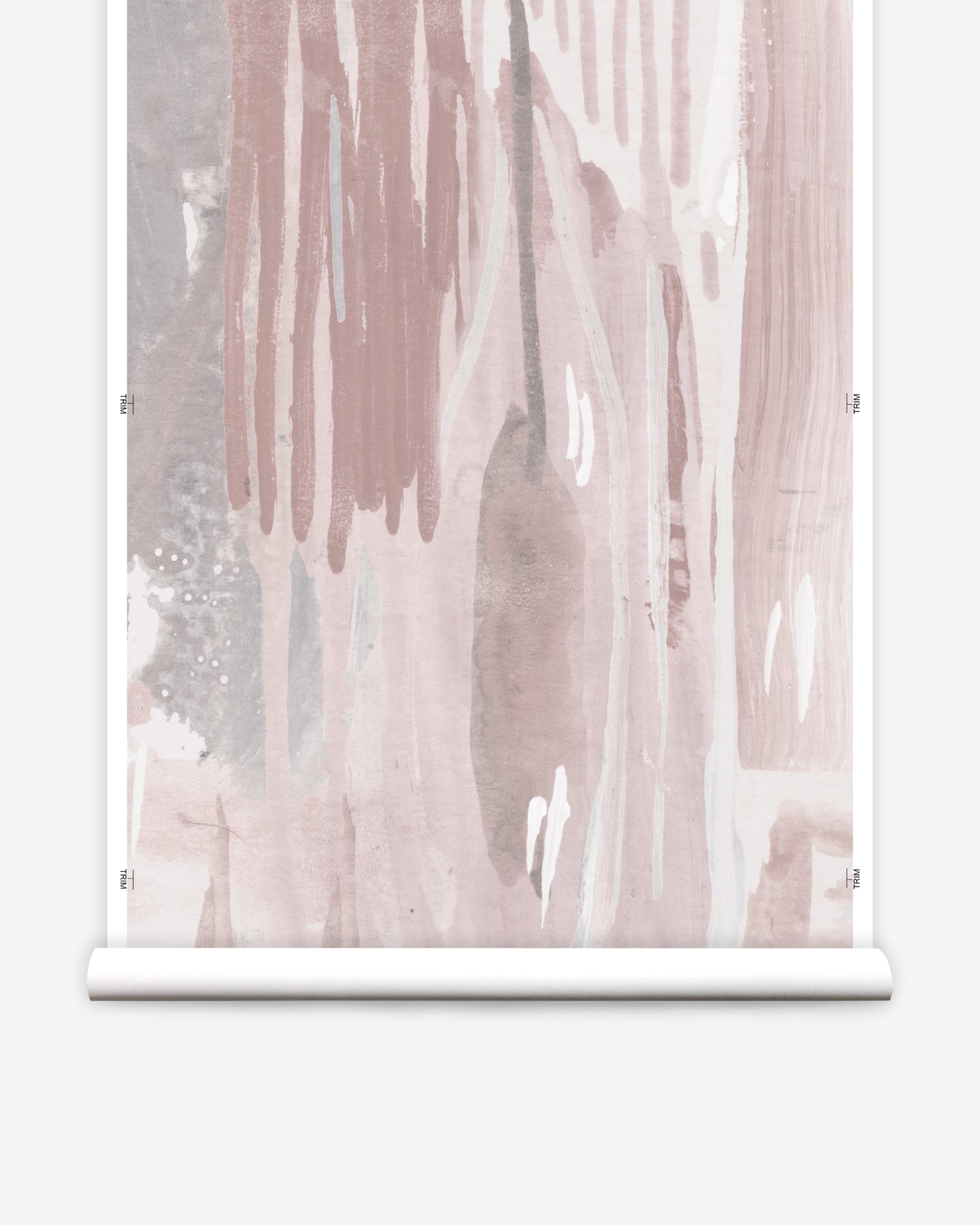 Wallpaper mural roll in a watercolor paint print in shades of pink, brown and gray on a cream field.