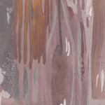 Wallpaper mural detail in a watercolor paint print in shades of gray, orange and purple on a cream field.