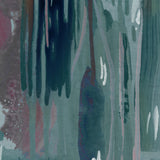 Wallpaper mural detail in a watercolor paint print in shades of pink, purple and turquoise on a blue field.