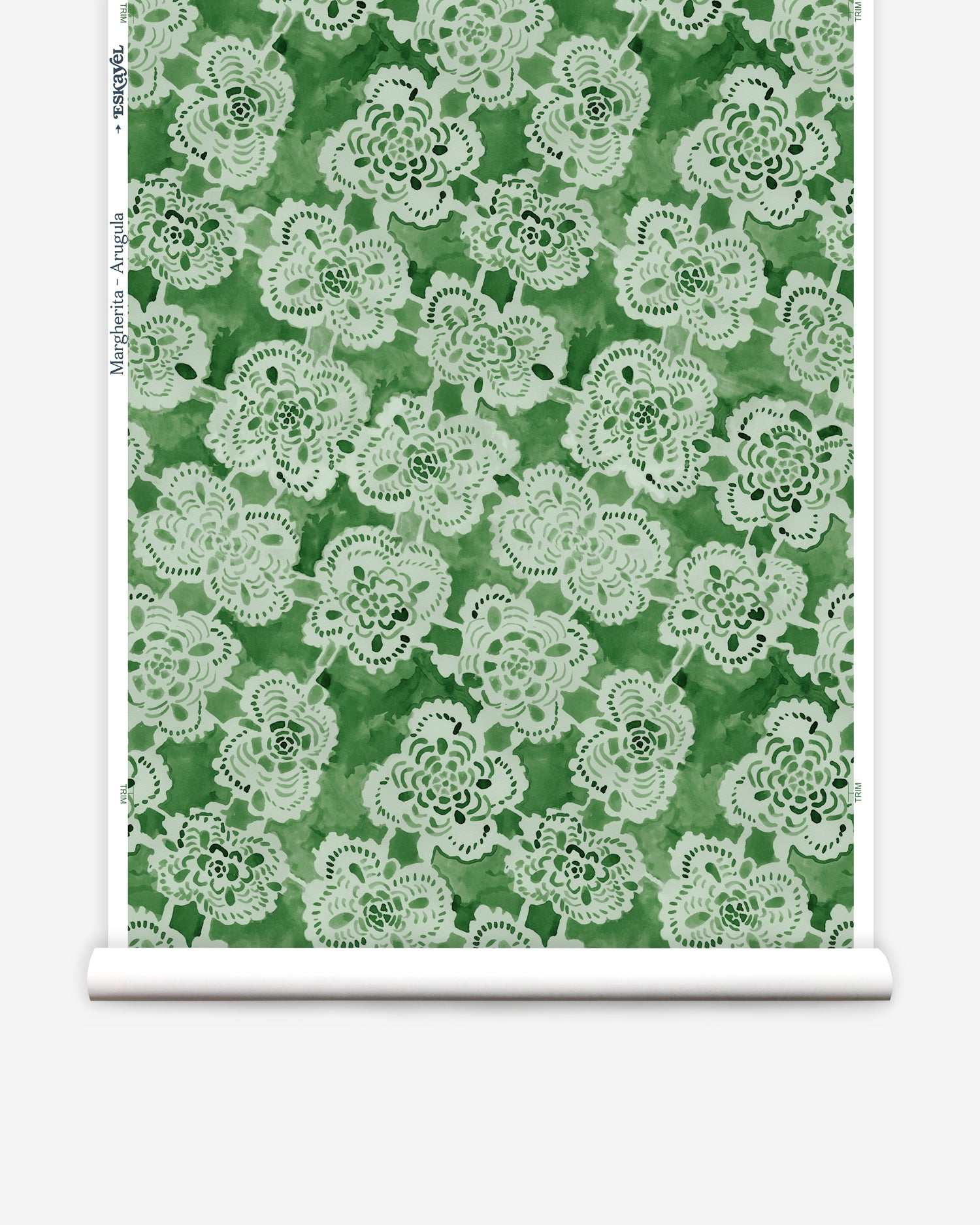 Wallpaper roll with green watercolor lace floral pattern on a white background.