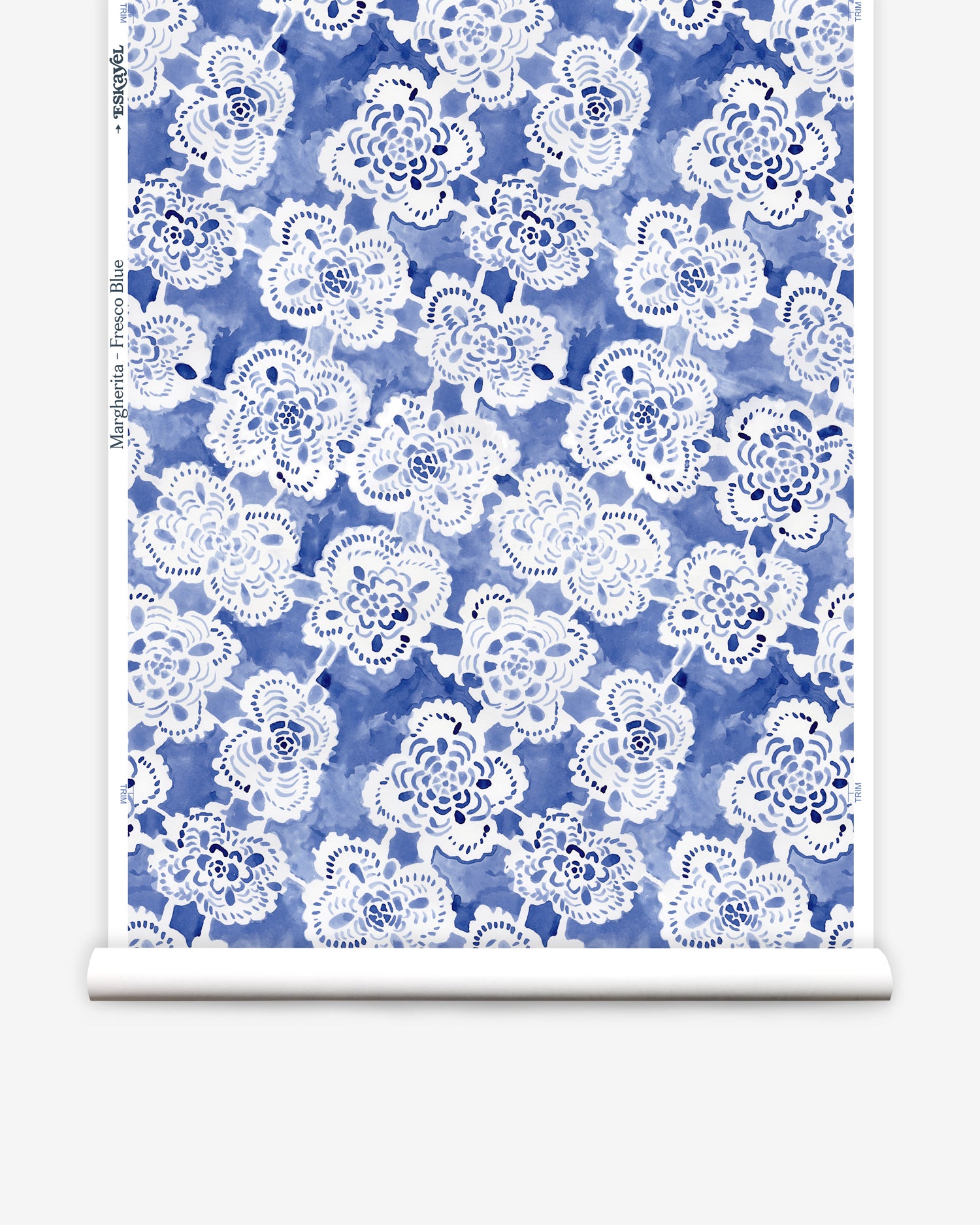 Wallpaper roll with blue watercolor lace floral pattern on a white background.