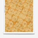 Wallpaper roll with yellow watercolor lace floral pattern on a white background.