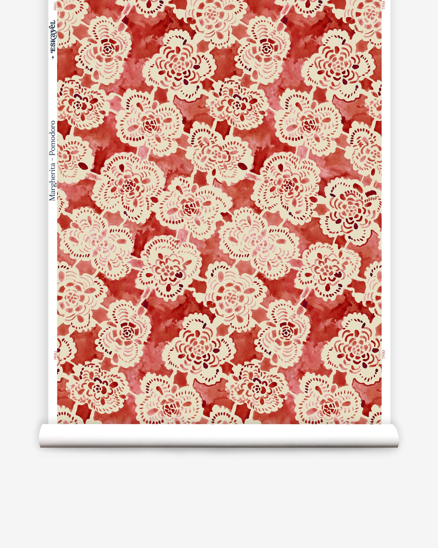 Wallpaper roll with red watercolor lace floral pattern on a white background.