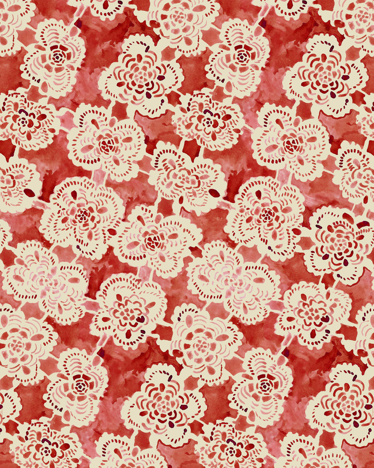 Pattern of white lace flowers on a red background