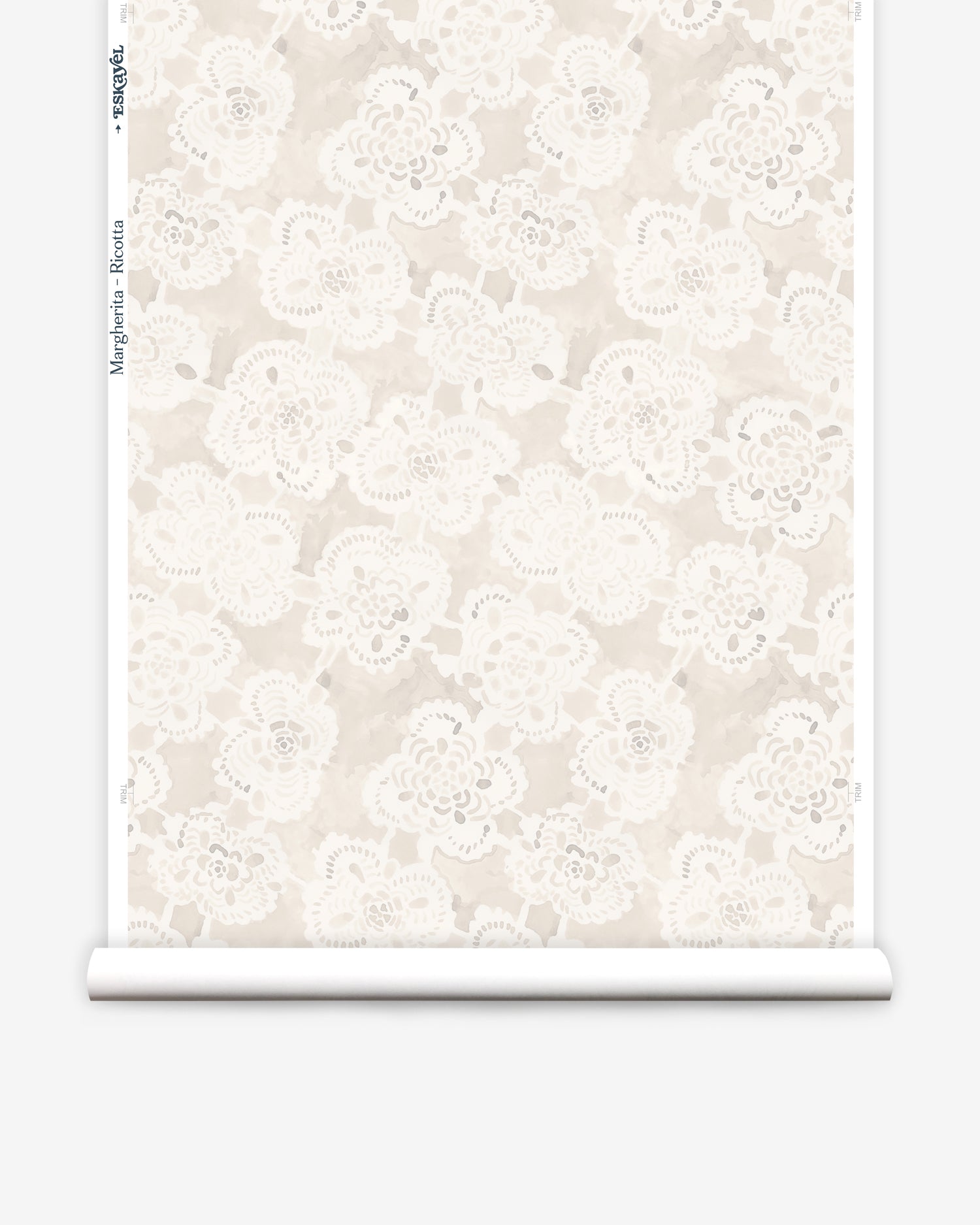 Wallpaper roll with beige watercolor lace floral pattern on a white background.