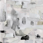 Wallpaper detail in a textural paint blotch print in shades of gray and blue on a light gray field.