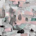 Wallpaper detail in a textural paint blotch print in shades of pink and gray on a white field.