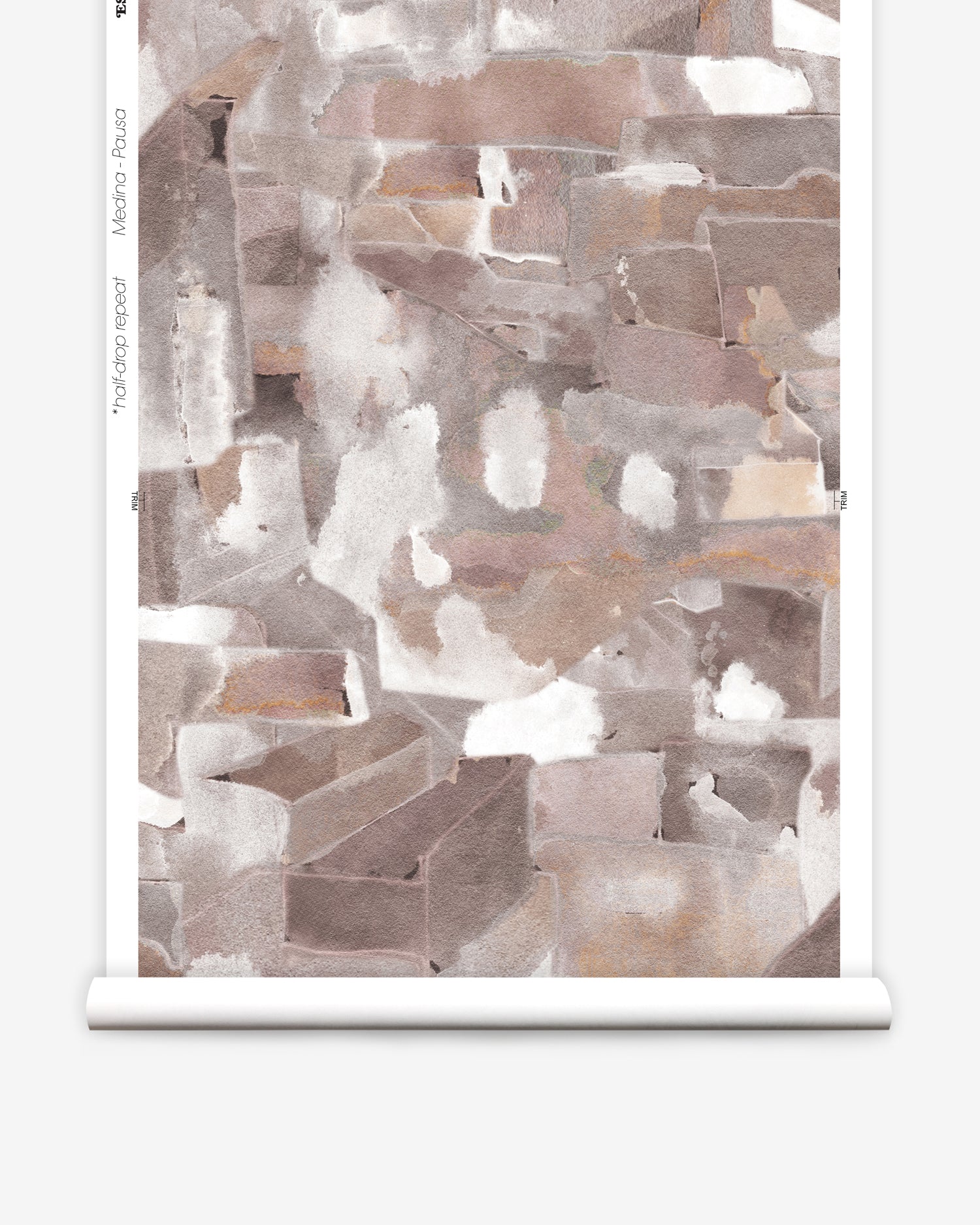 Wallpaper roll in a textural paint blotch print in shades of brown and tan on a white field.