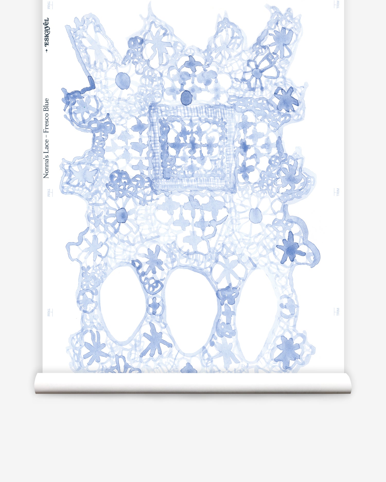 Wallpaper roll with blue lace geometric pattern on a white background