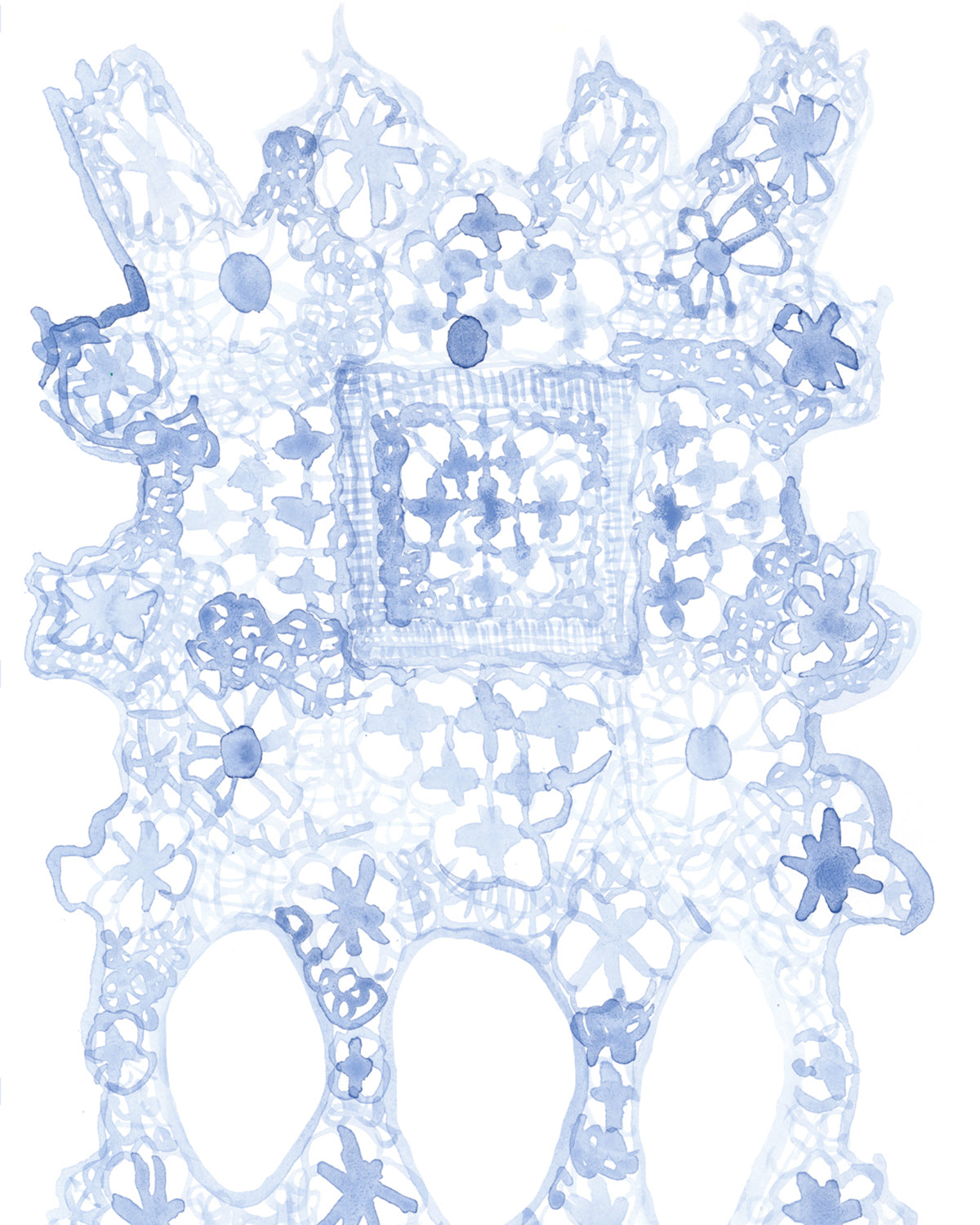Decorative lace pattern in light blue on a white background