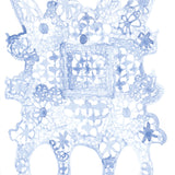 Decorative lace pattern in light blue on a white background