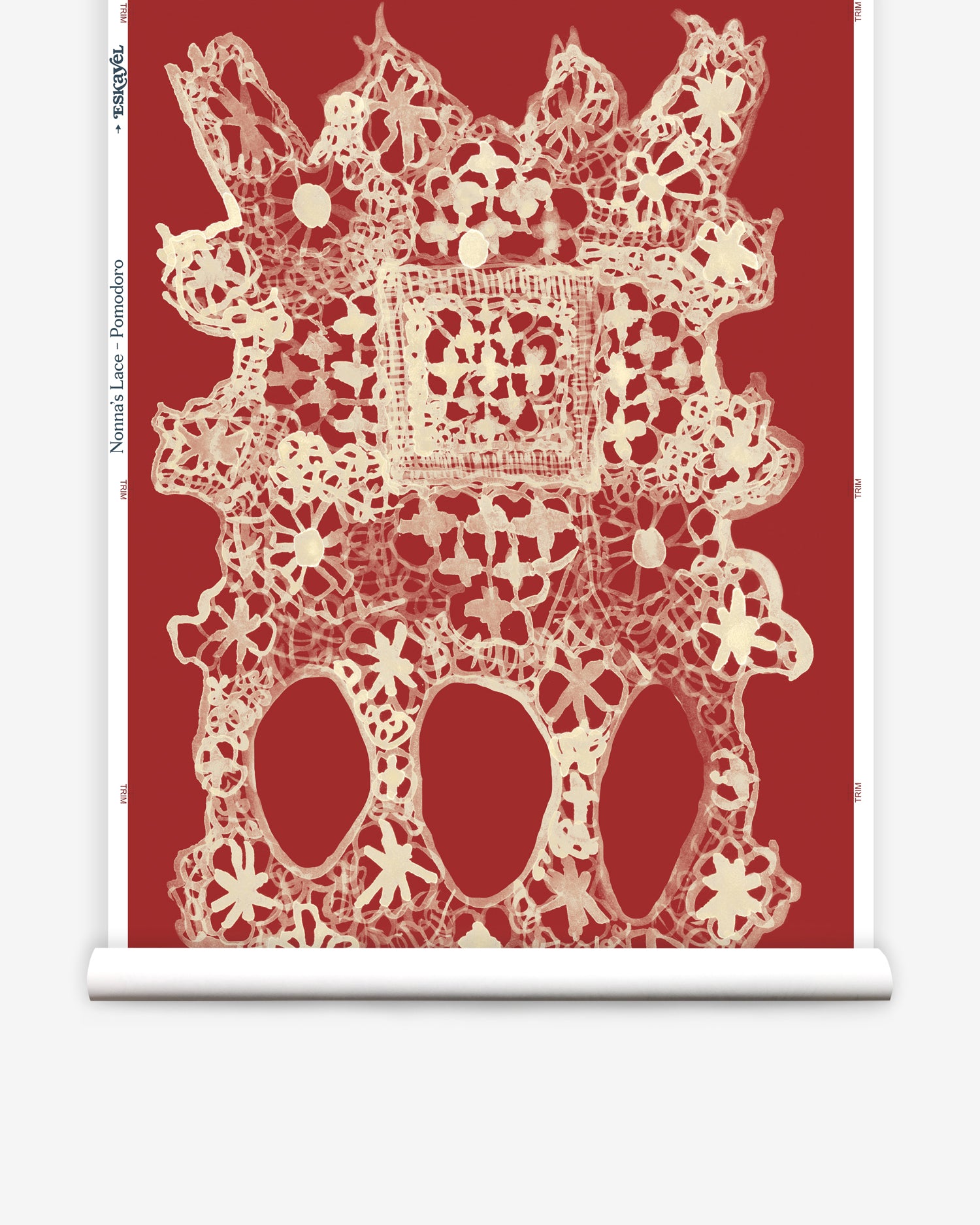 Wallpaper roll with red lace geometric pattern on a white background