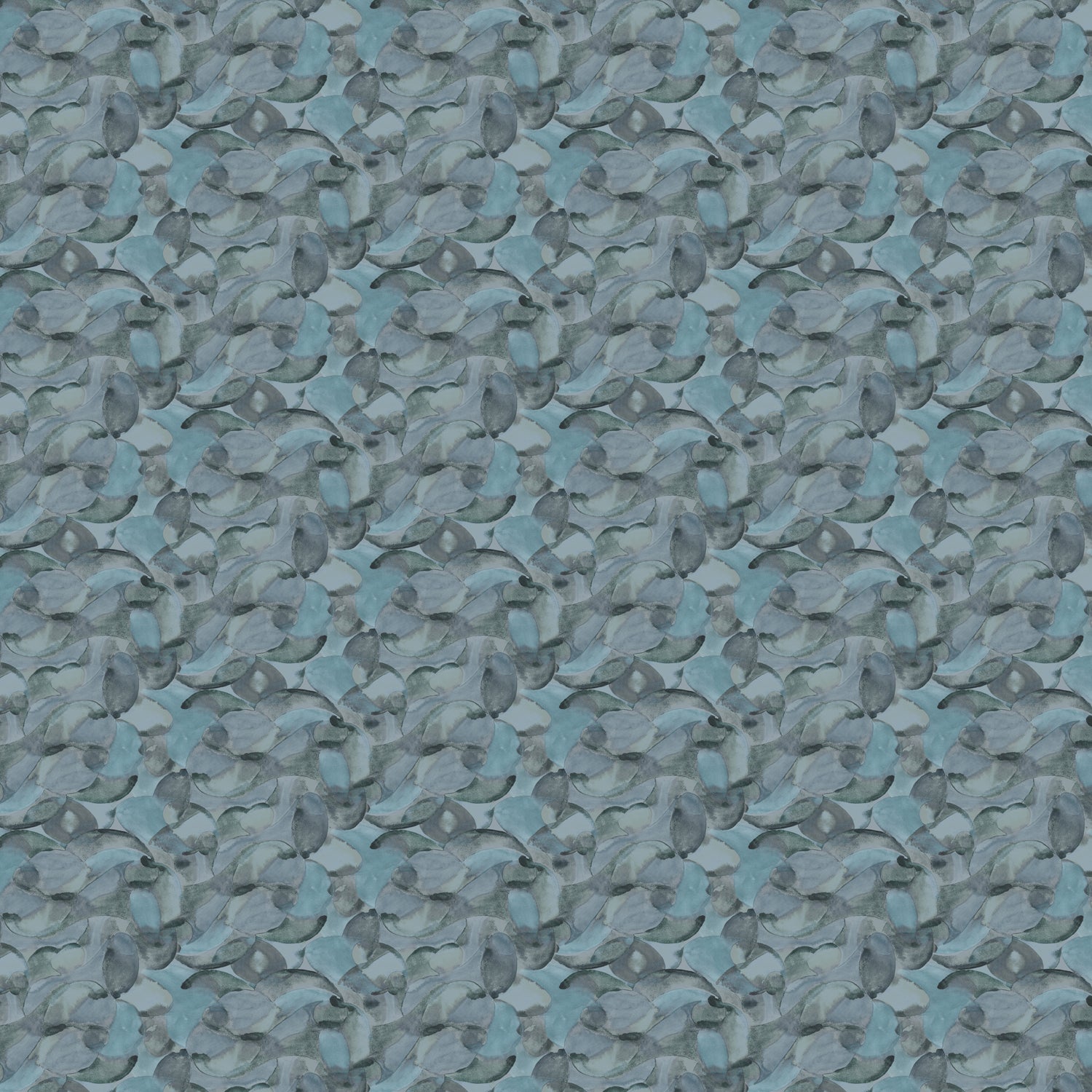 Wallpaper detail in an undulating abstract watercolor motif in shades of steel blue and charcoal. 