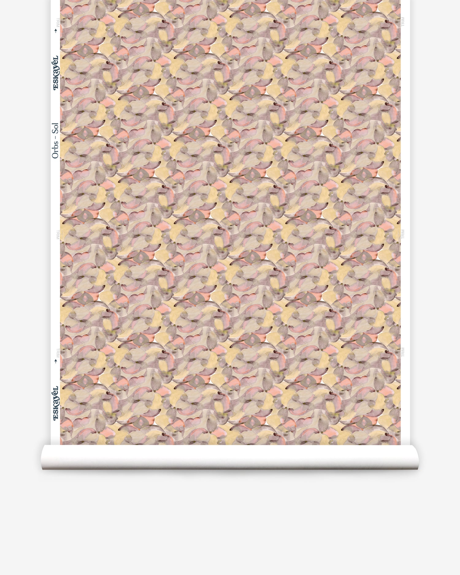Wallpaper roll in an undulating abstract watercolor motif in pink, purple, tan and charcoal. 