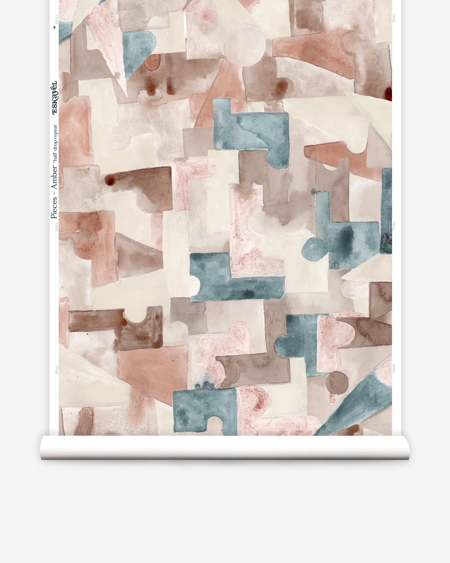 Wallpaper roll in a geometric puzzle piece watercolor pattern in blush, grey and teal. 
