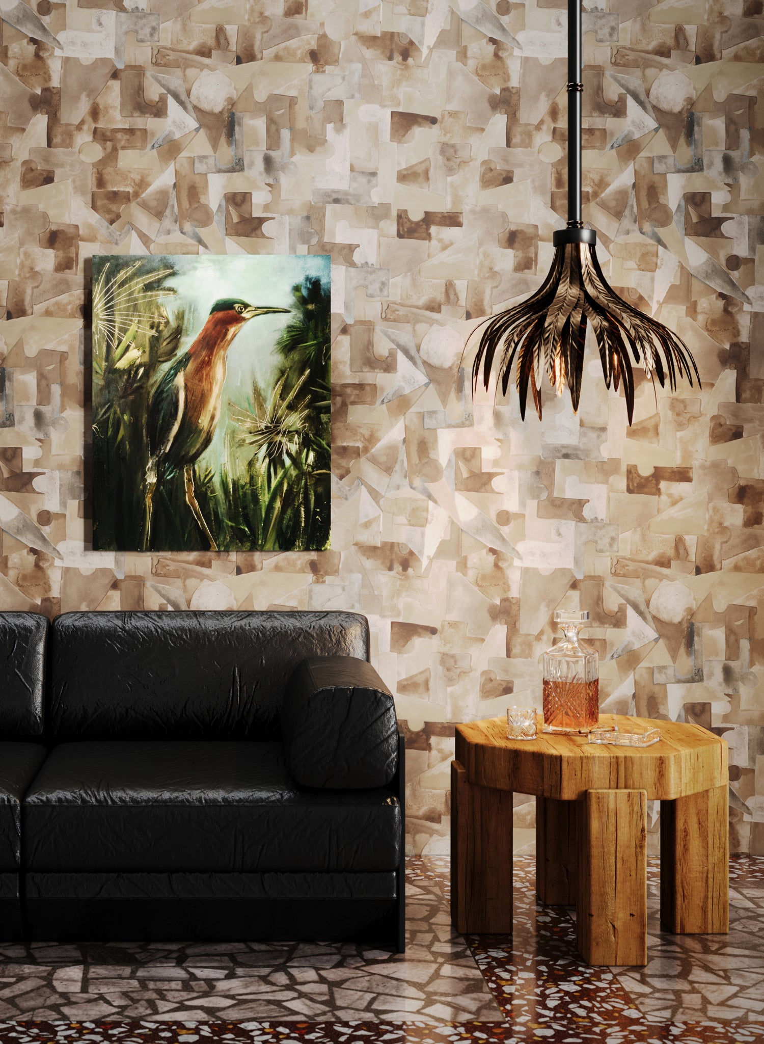 Living room scene with black leather couch, bird painting, wooden table and cieling lamp against a brown watercolor puzzle wallpaper. 