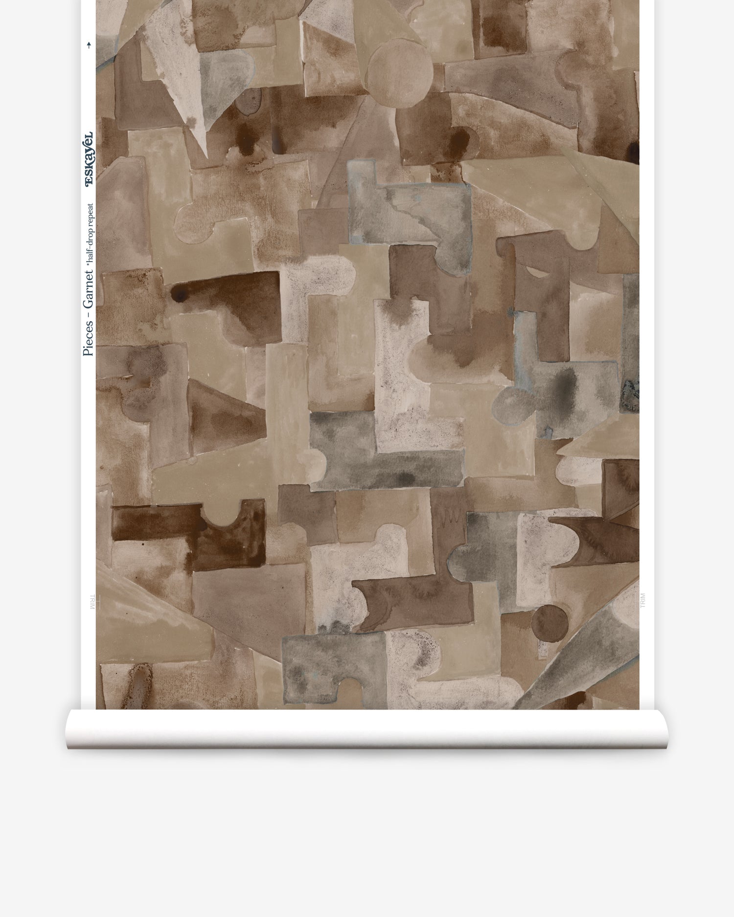 Wallpaper roll in a geometric puzzle piece watercolor pattern in brown and charcoal. 
