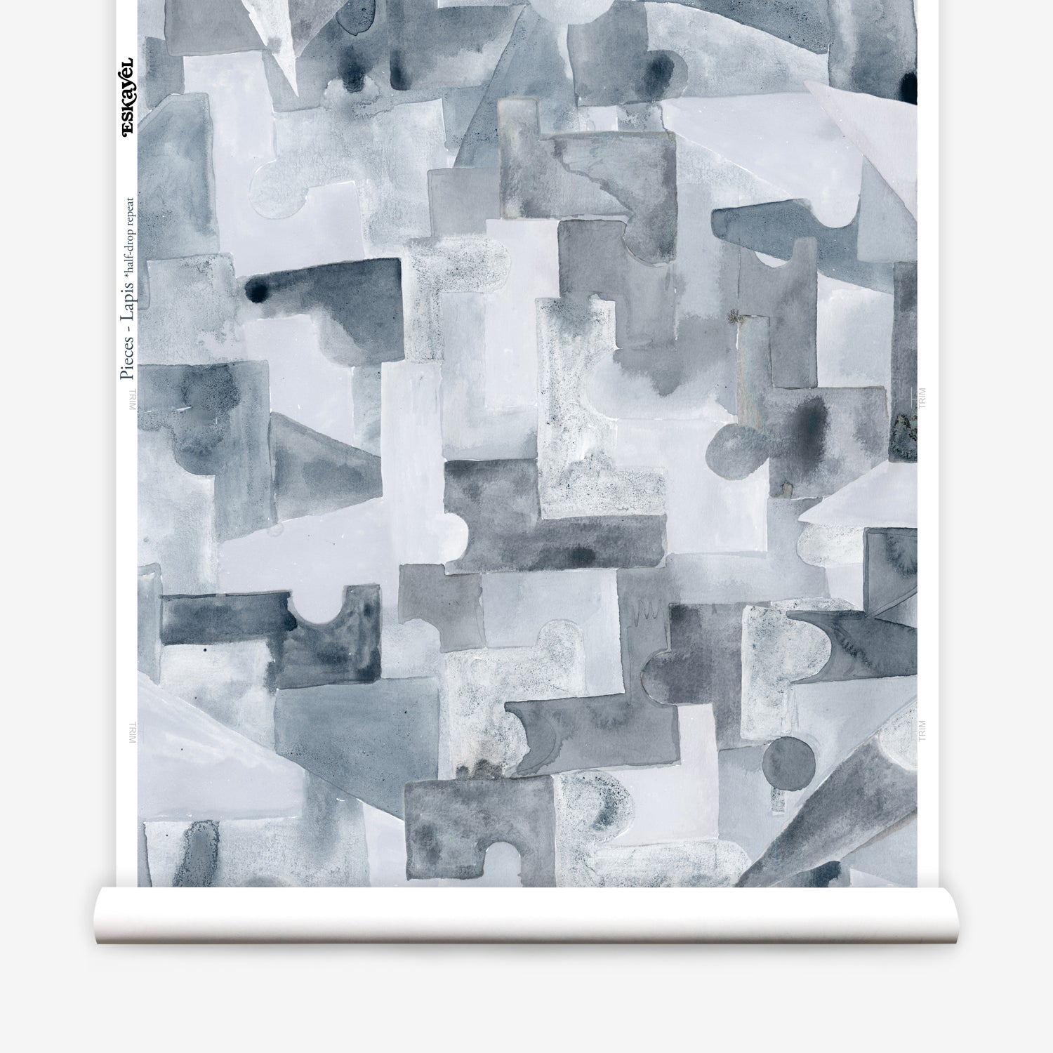 Wallpaper roll n a geometric puzzle piece watercolor pattern in shandes of slate blue. 