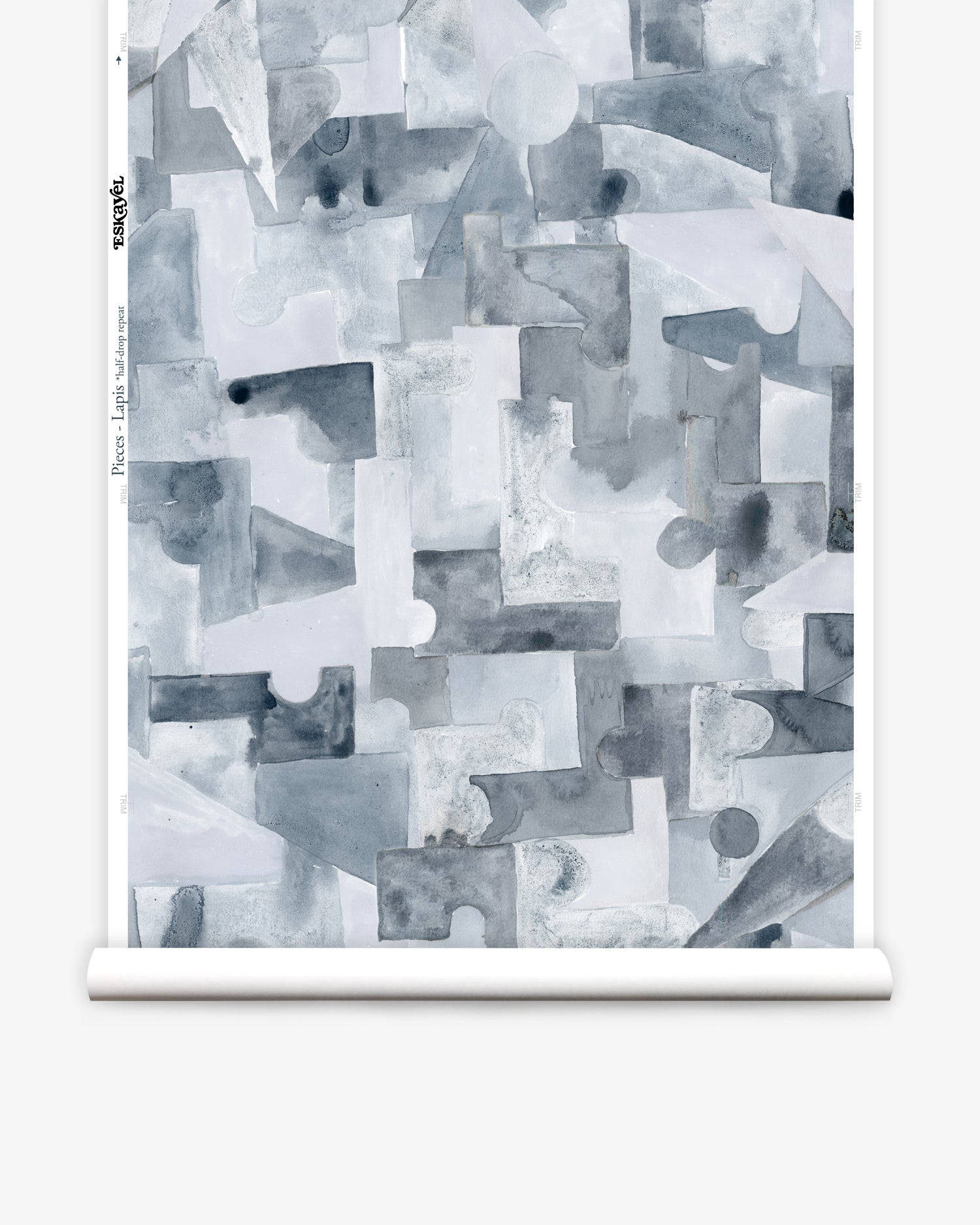 Wallpaper roll n a geometric puzzle piece watercolor pattern in shandes of slate blue. 