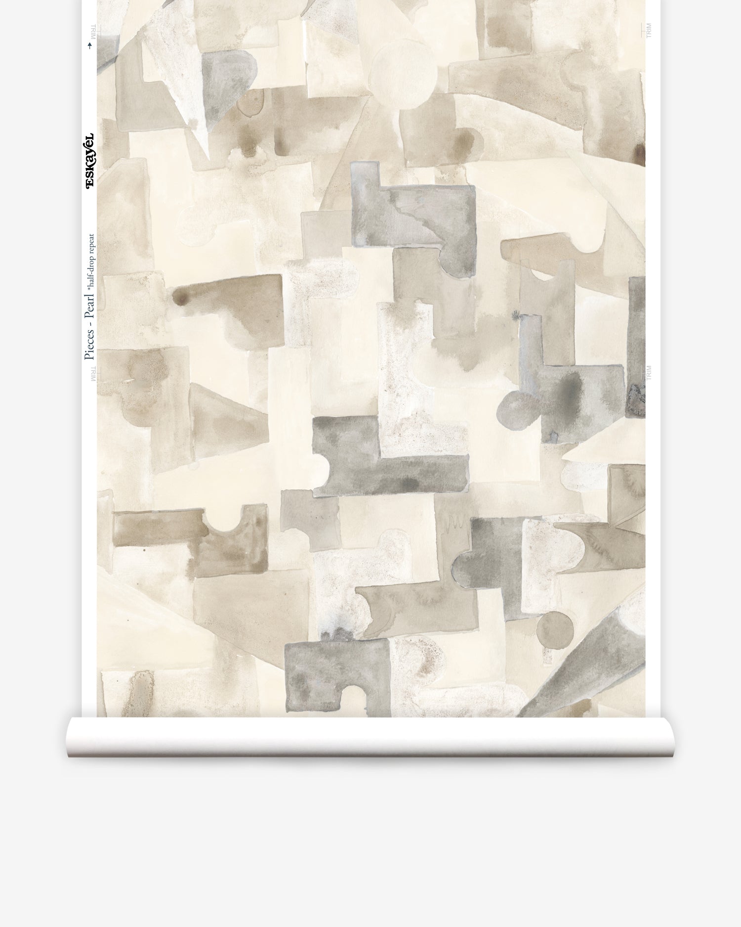 Wallpaper roll in a geometric puzzle piece watercolor pattern in beige and grey. 